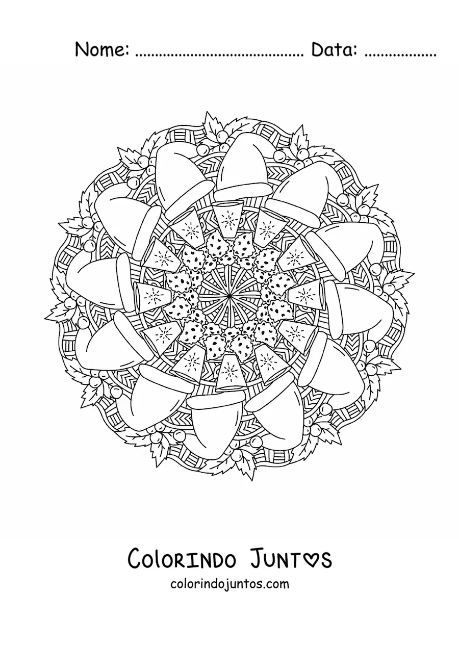 Desenho para colorir de mandala de Natal com gorros