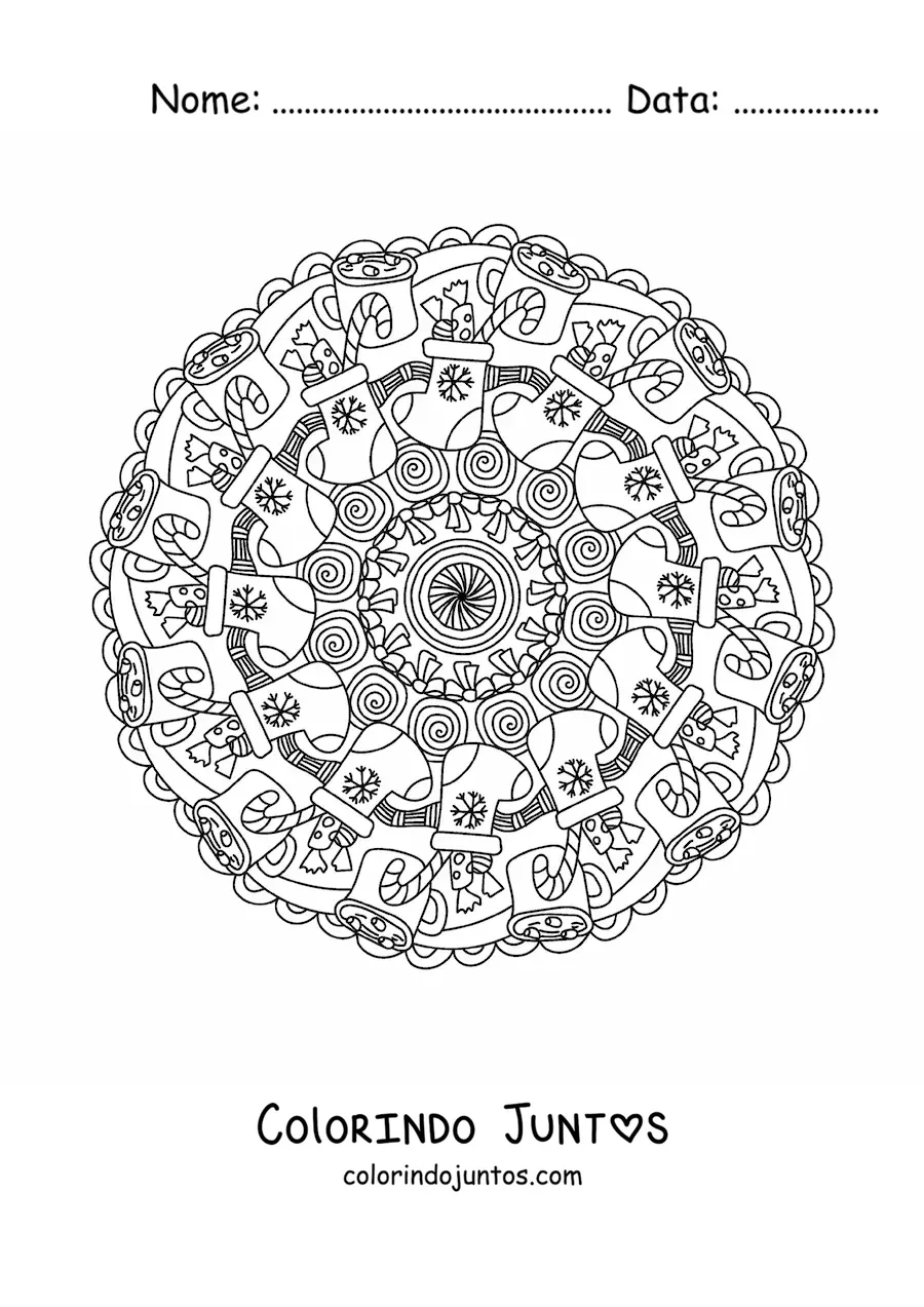 Desenho para colorir de mandala de Natal com meias cheias de doces