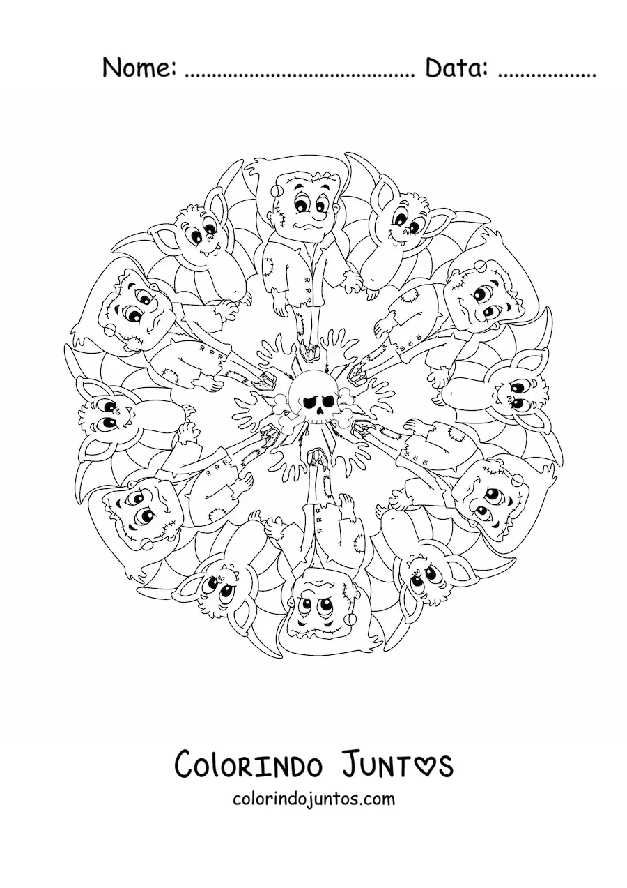 Desenho para colorir de mandala de Halloween com Frankenstein e caveira