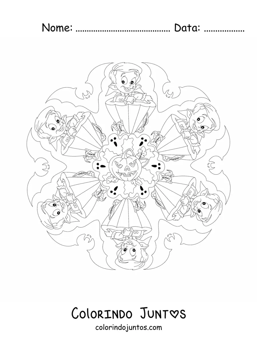 Desenho para colorir de mandala de Halloween com vampiro e abóbora