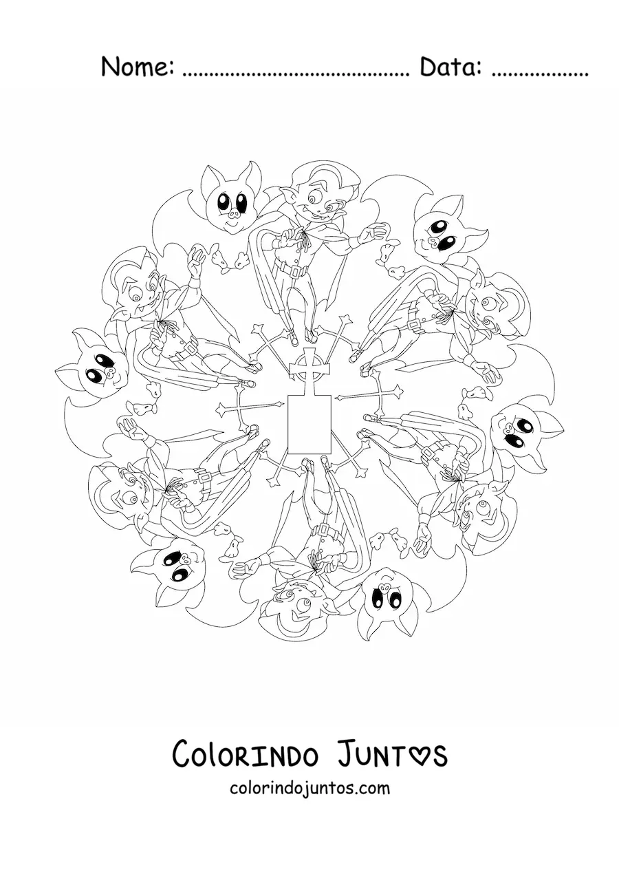 Desenho para colorir de mandala de Halloween com vampiro e morcego