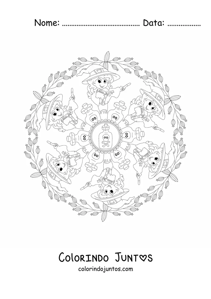 Desenho para colorir de mandala de Halloween com bruxa e poções