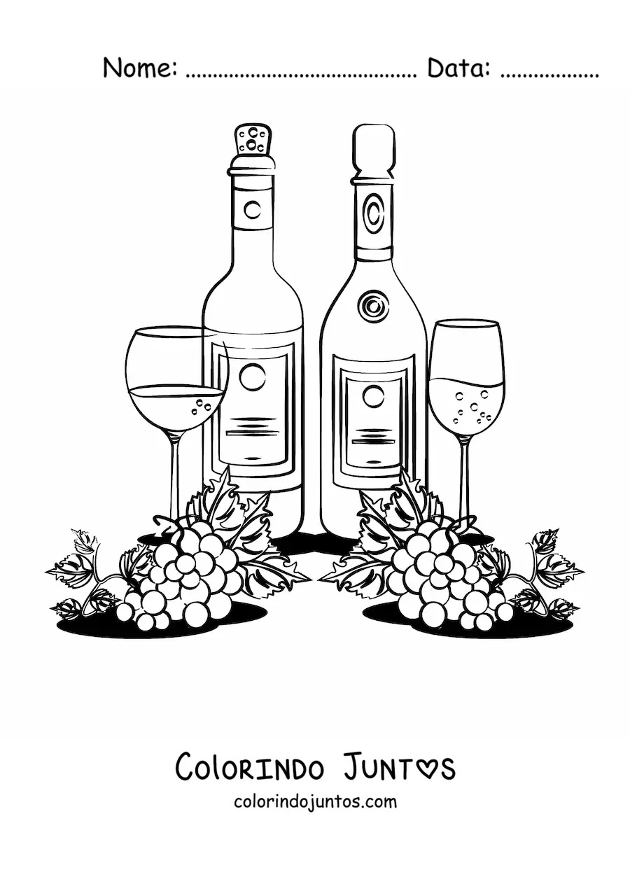Desenho para colorir de várias uvas ao lado de duas garrafas e duas taças de vinho