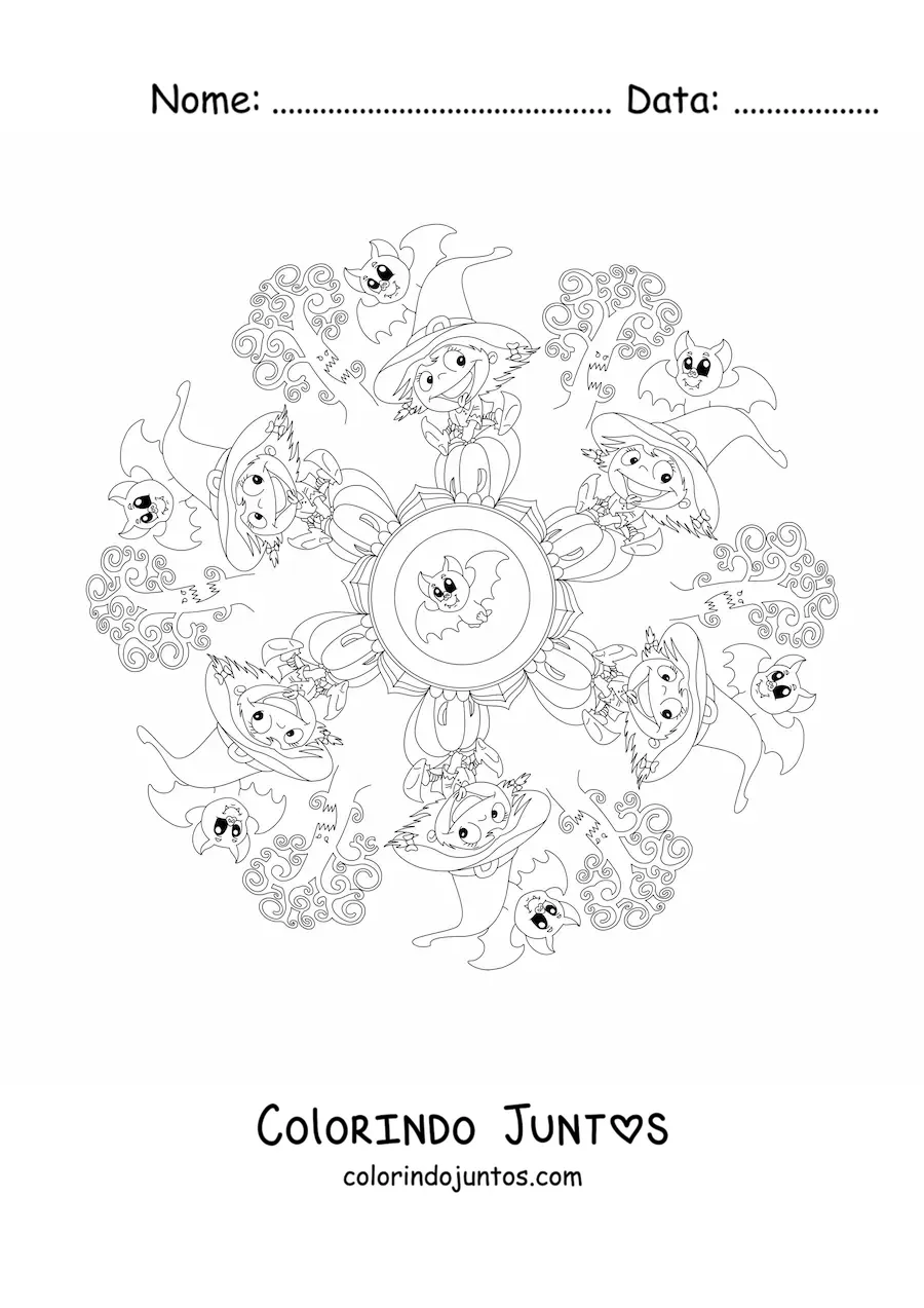 Desenho para colorir de mandala de Halloween com bruxa e morcegos