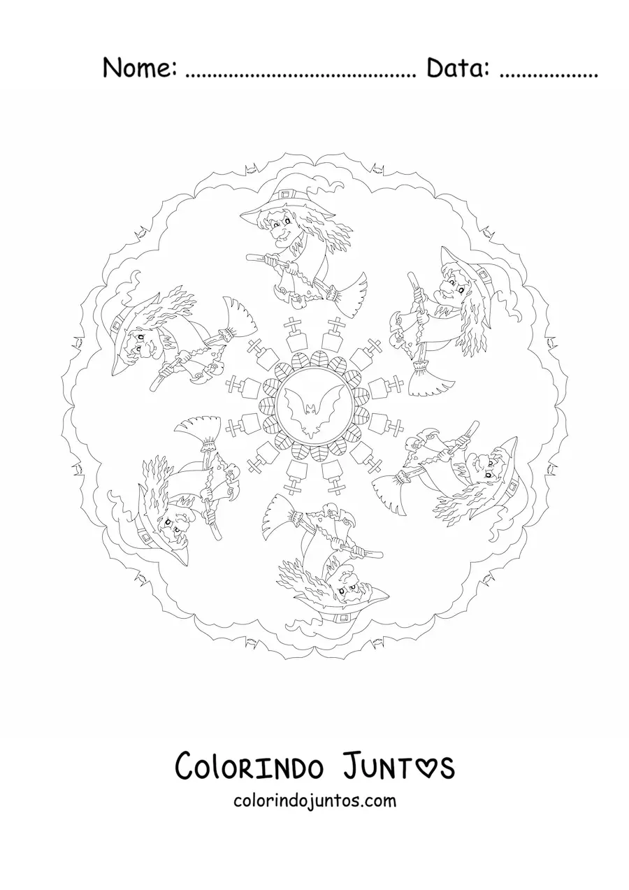Desenho para colorir de mandala de Halloween com bruxa e morcegos