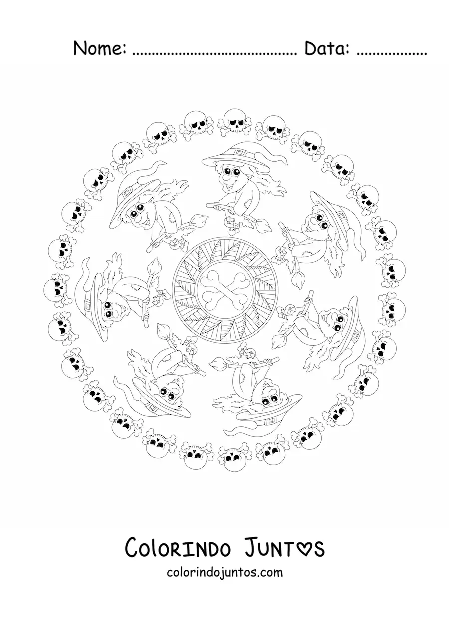 Desenho para colorir de mandala de Halloween com bruxa e caveiras