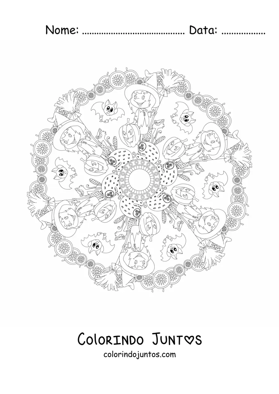 Desenho para colorir de mandala de Halloween com bruxa e abóbora
