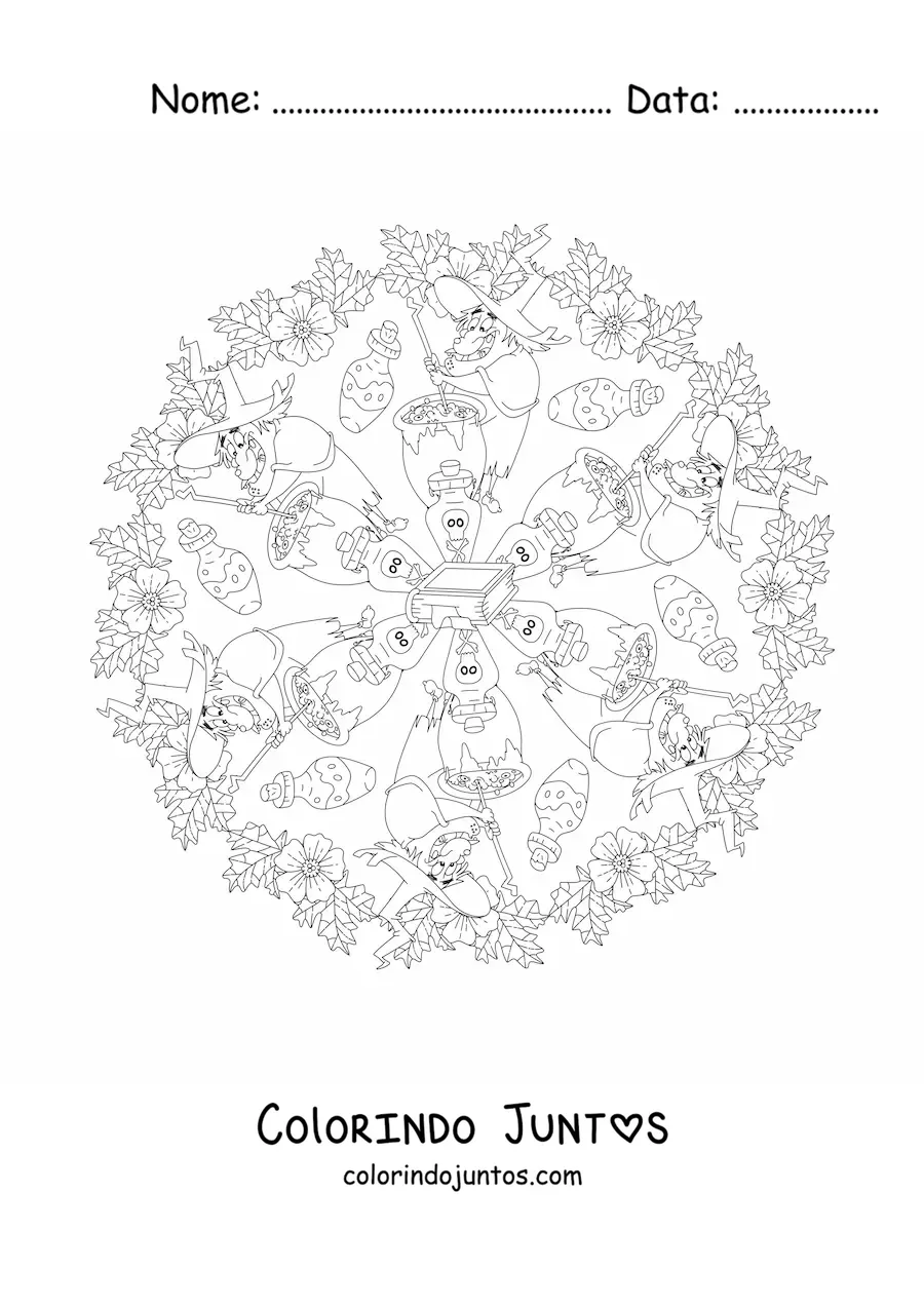 Desenho para colorir de mandala de Halloween com bruxa e caldeirão