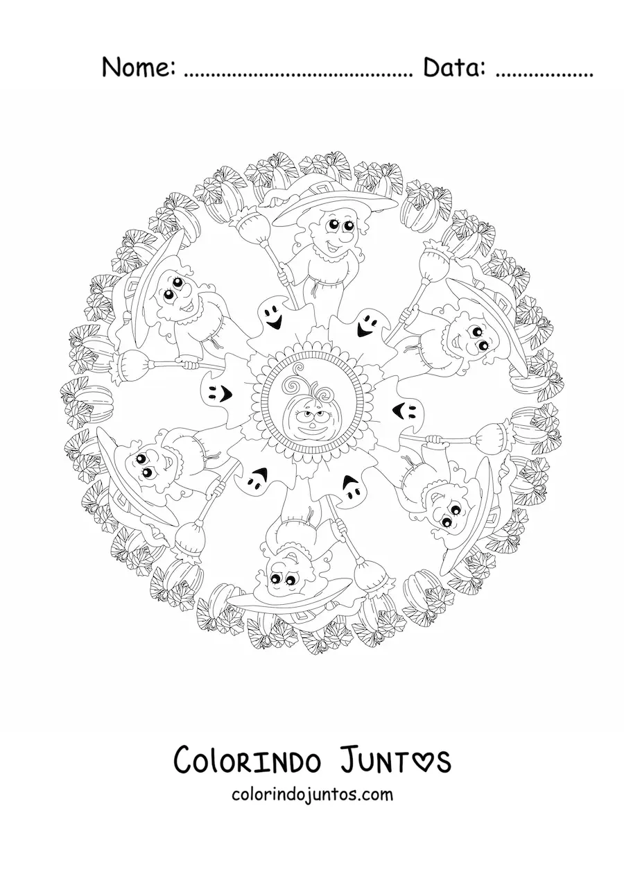 Desenho para colorir de mandala de Halloween com bruxa e fantasmas