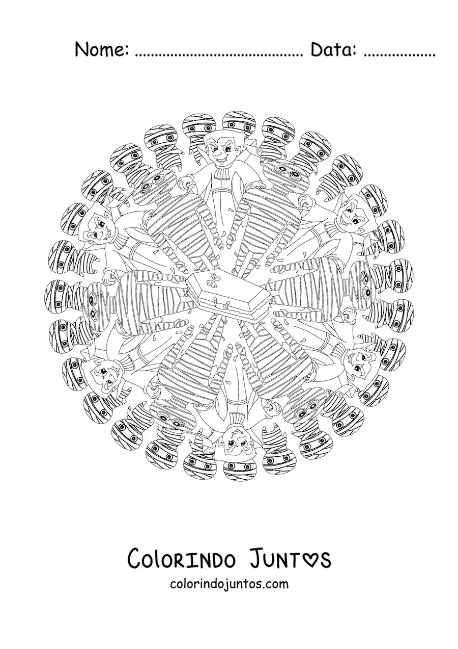 Desenho para colorir de mandala de Halloween com vampiro e múmia