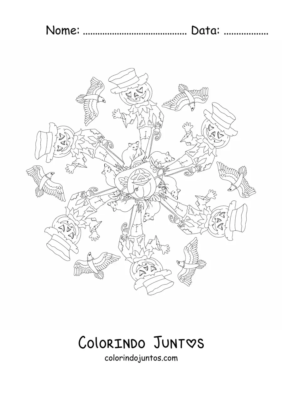 Desenho para colorir de mandala de Halloween com espantalho