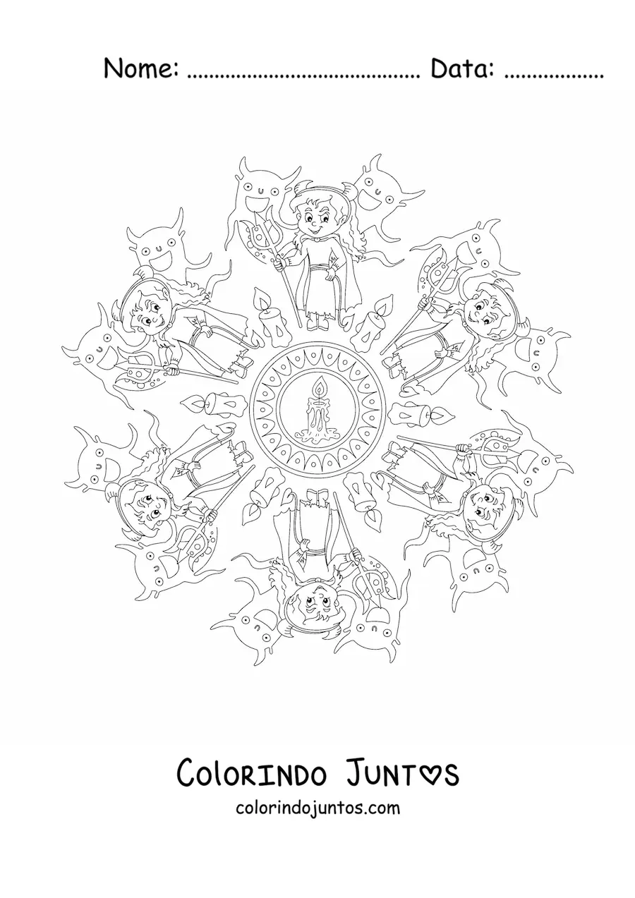 Desenho para colorir de mandala de Halloween com menina fantasiada