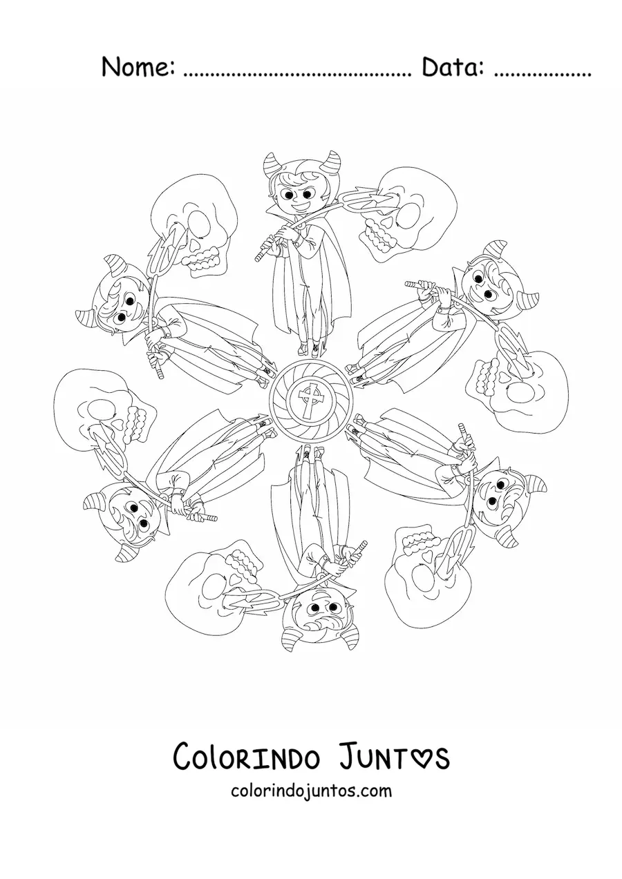 Desenho para colorir de mandala de Halloween com menino fantasiado