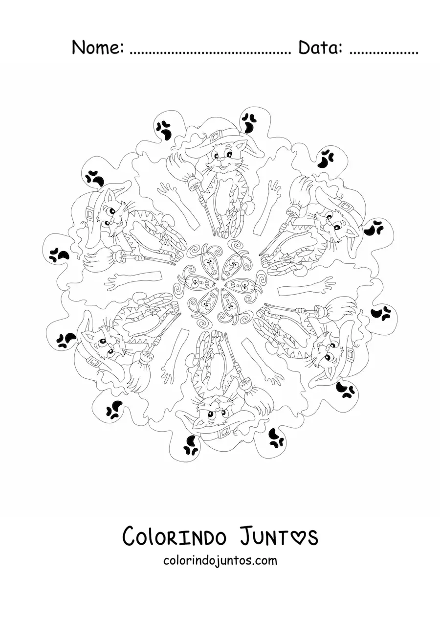 Desenho para colorir de mandala de Halloween com gato e fantasmas