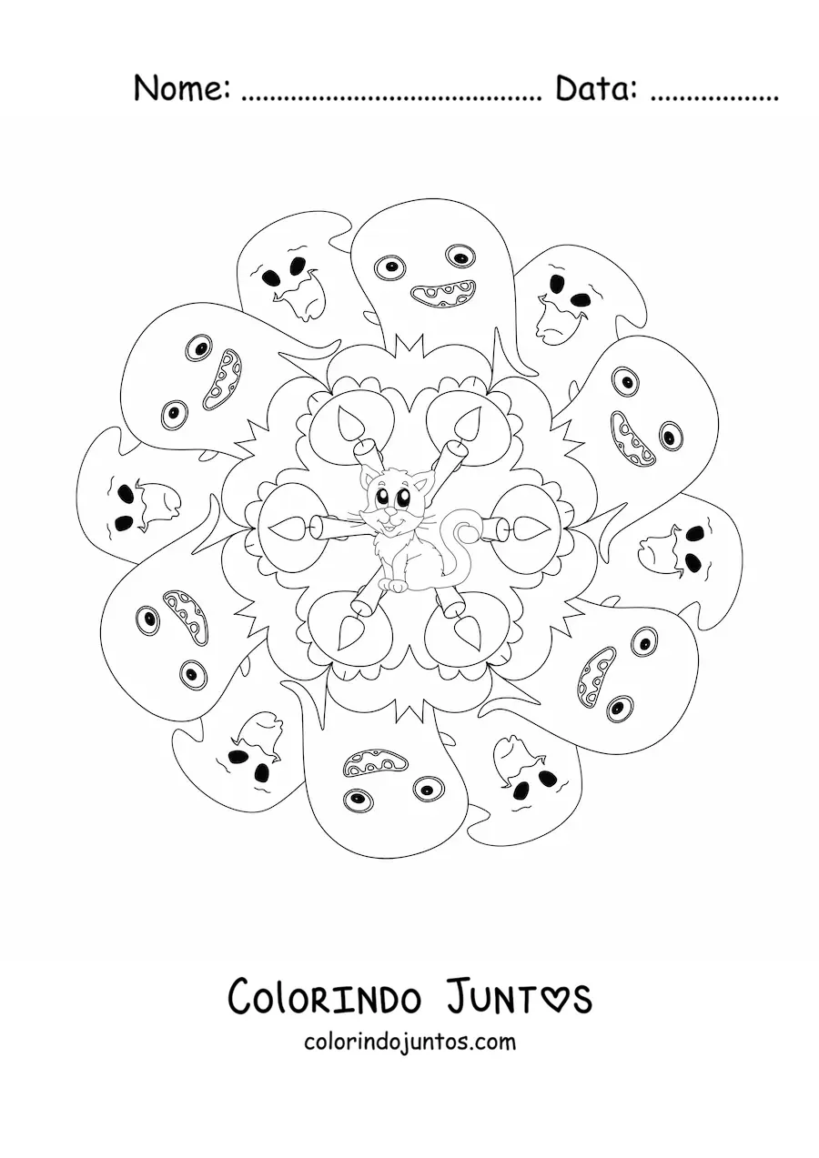 Desenho para colorir de mandala de Halloween com gato e fantasmas