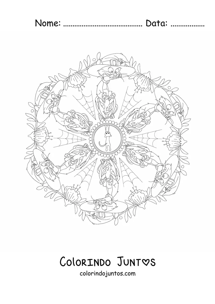 Desenho para colorir de mandala de Halloween com gato e teias de aranha