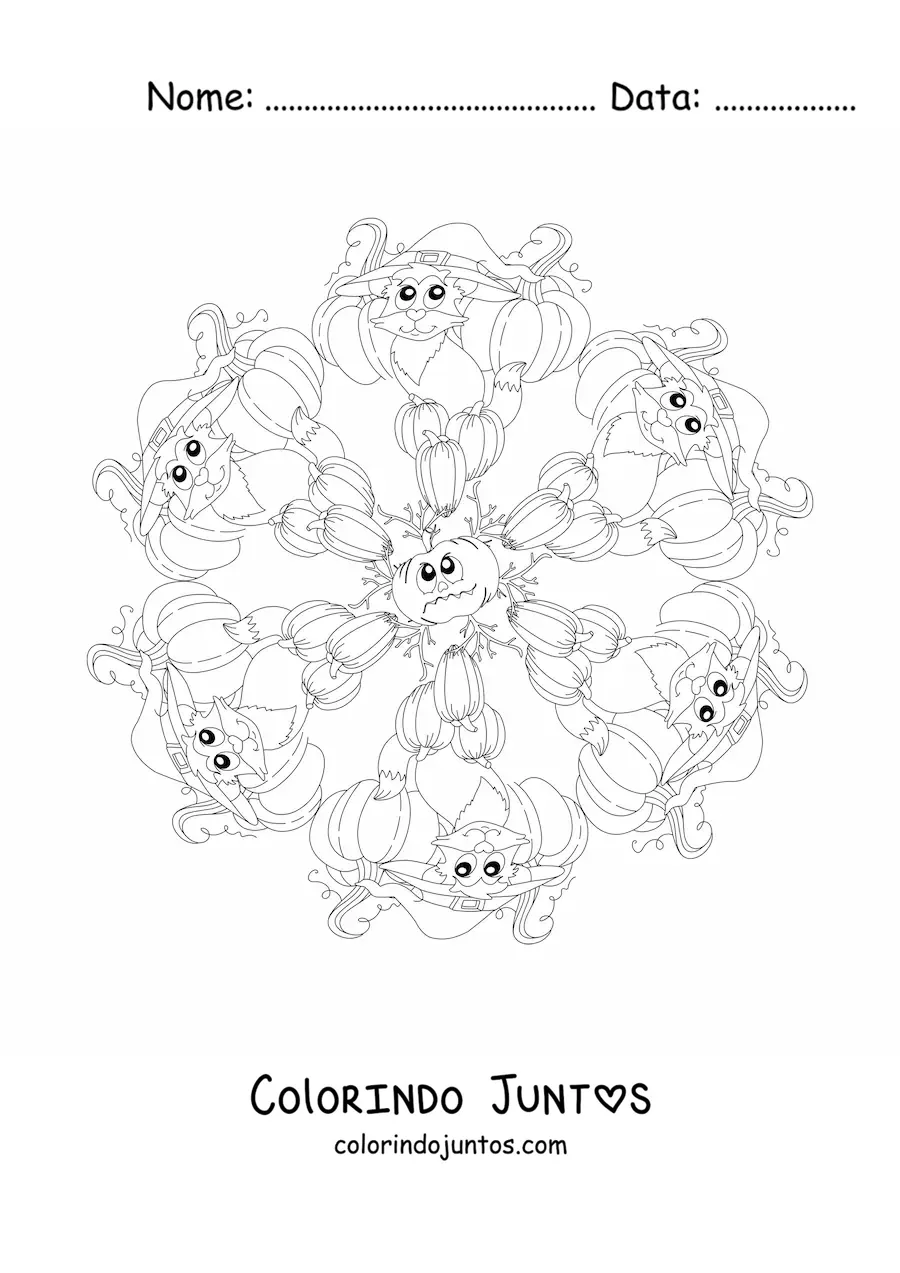 Desenho para colorir de mandala de Halloween com gato e abóboras