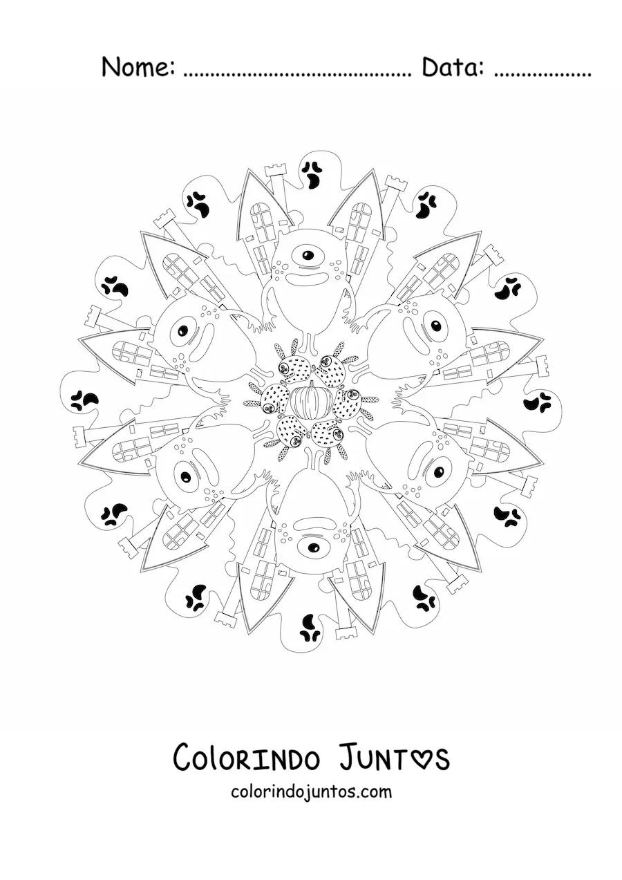 Desenho para colorir de mandala de Halloween com monstro e casa mal-assombrada