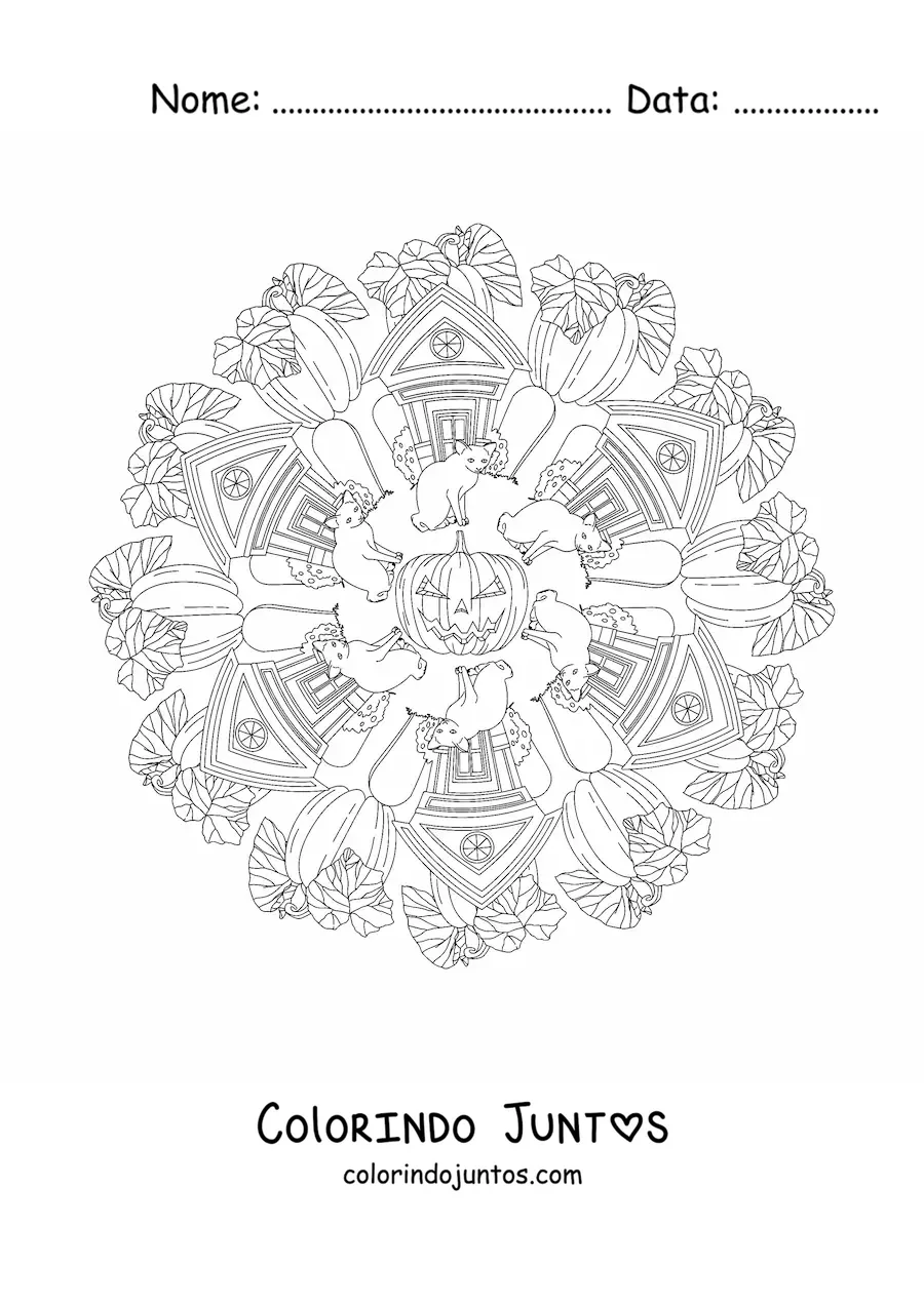 Desenho para colorir de mandala de Halloween com casa mal-assombrada e abóboras