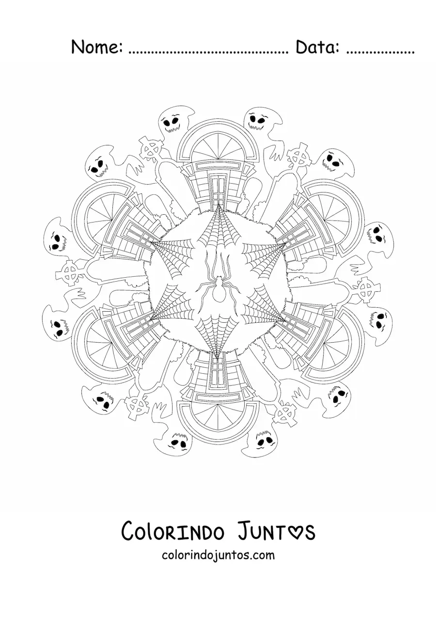 Desenho para colorir de mandala de Halloween com casa mal-assombrada e fantasmas