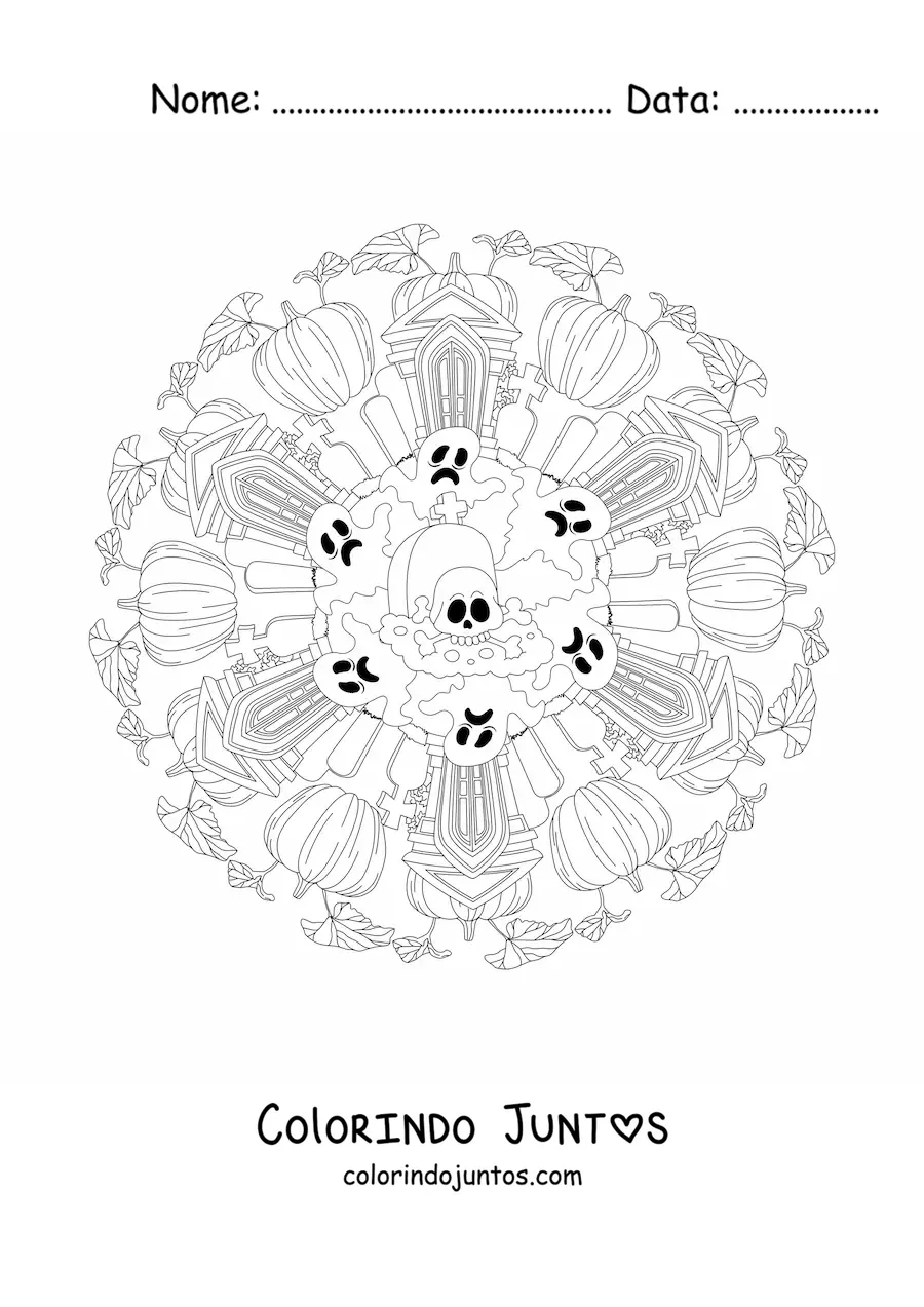 Desenho para colorir de mandala de Halloween com casa mal-assombrada e caveira