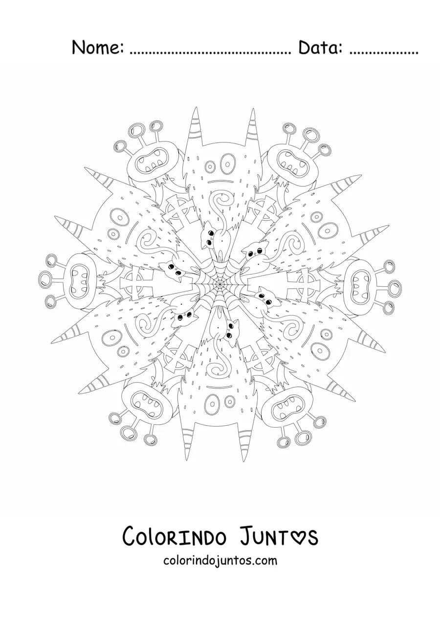 Desenho para colorir de mandala de Halloween com monstros