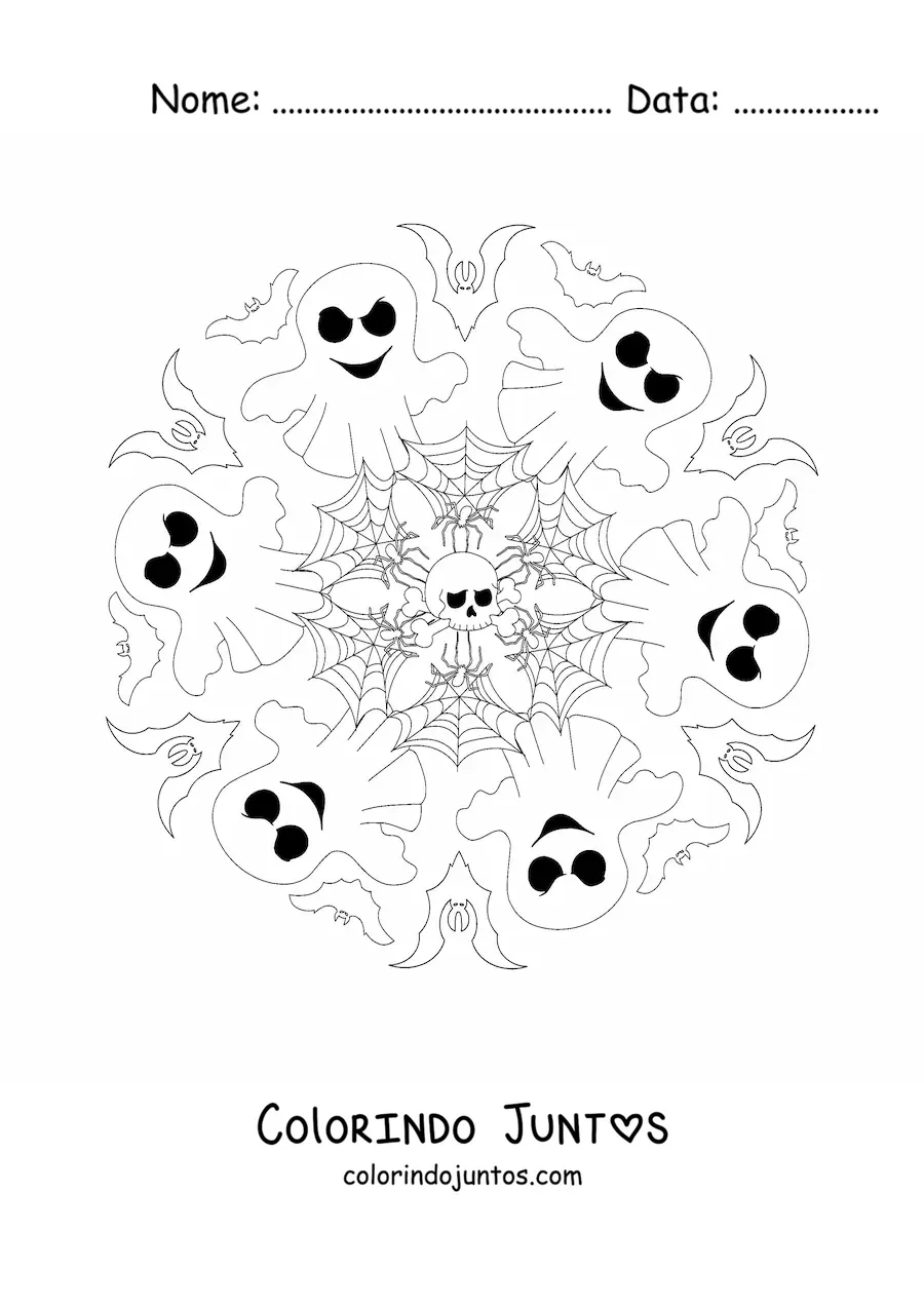 Desenho para colorir de mandala de Halloween com morcegos e fantasmas
