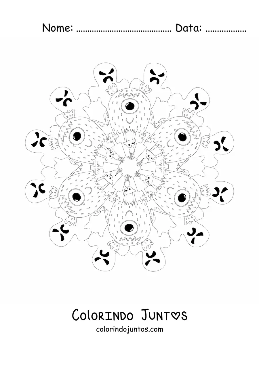 Desenho para colorir de mandala de Halloween com monstros e fantasmas