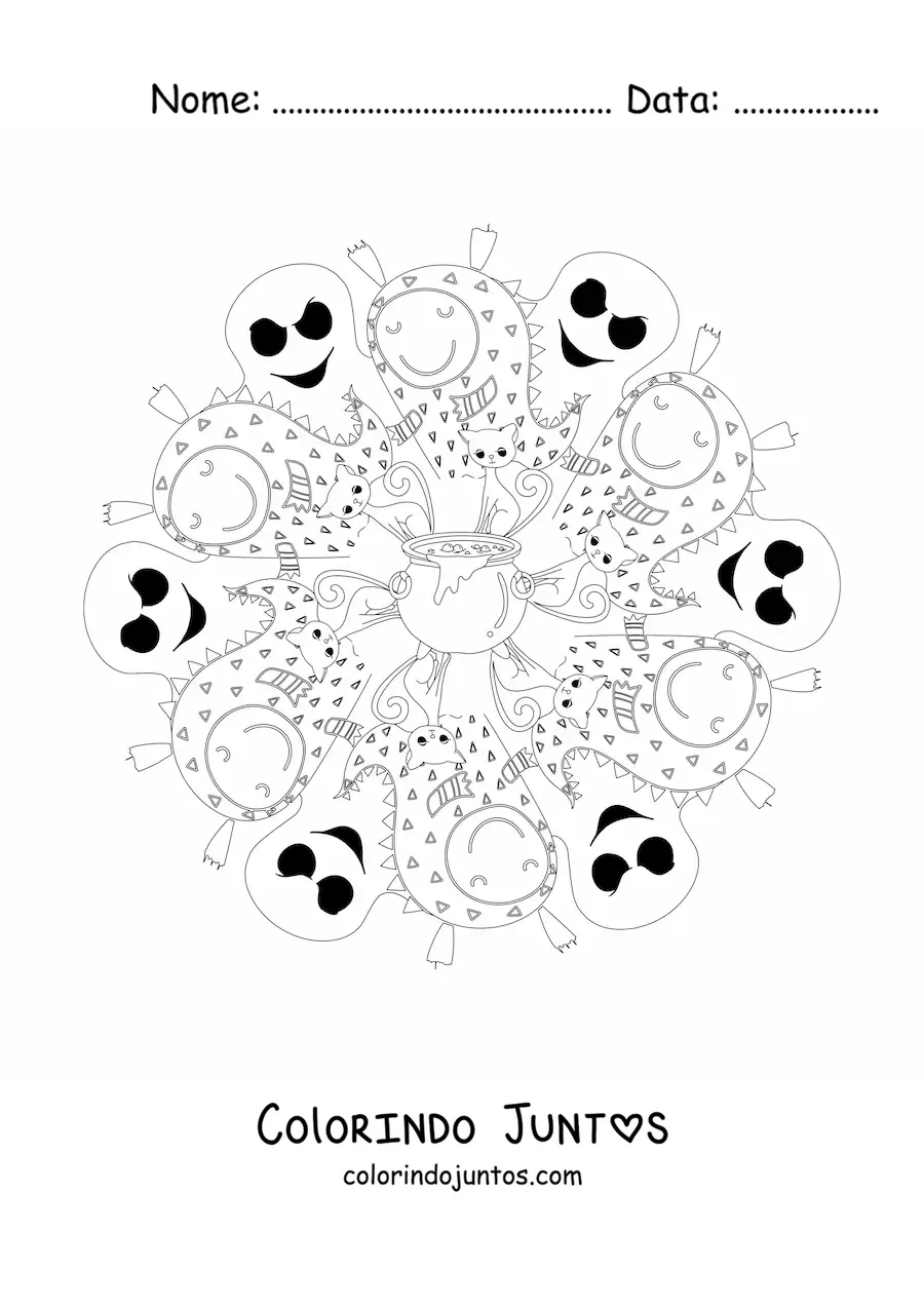 Desenho para colorir de mandala de Halloween com monstros e fantasmas
