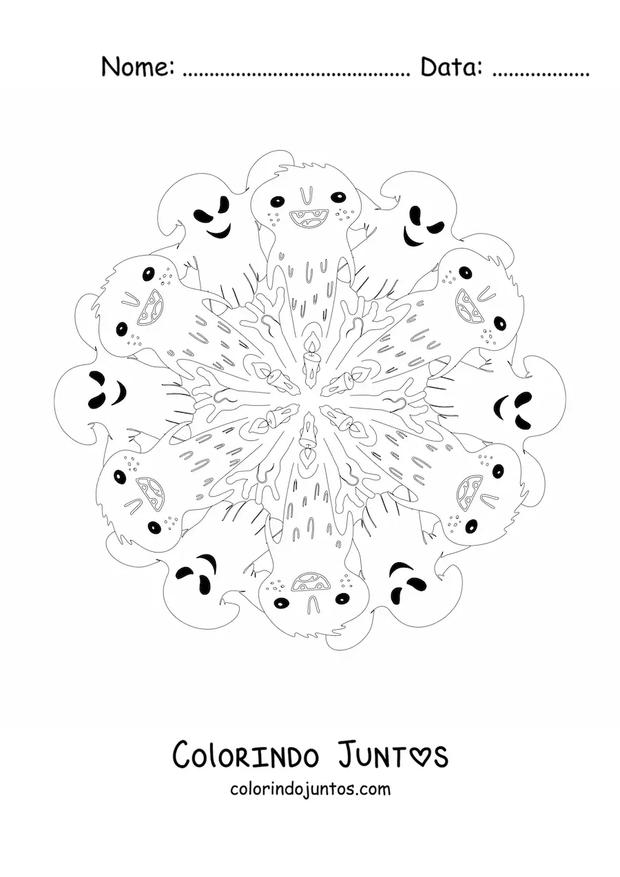 Desenho para colorir de mandala de Halloween com monstros e fantasmas