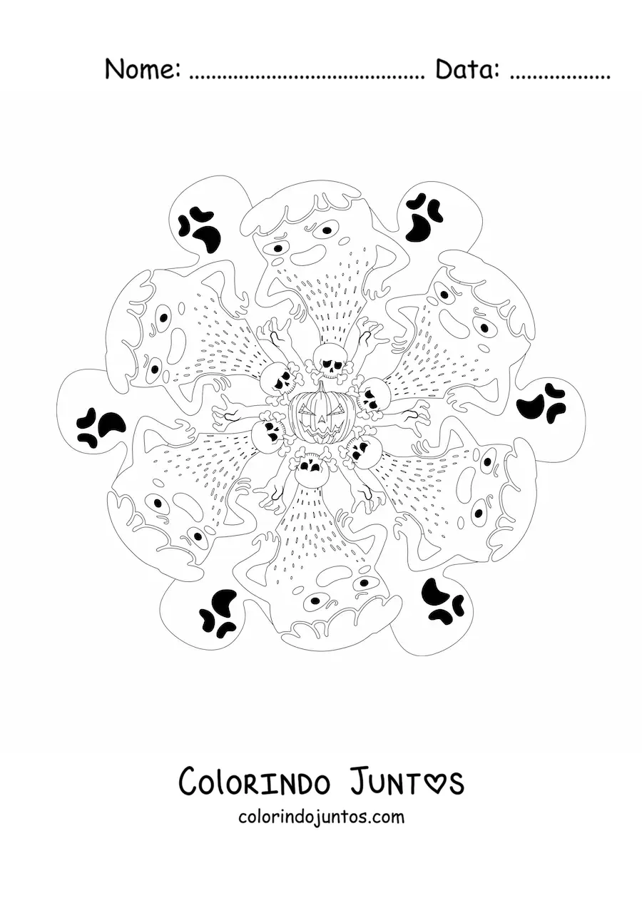 Desenho para colorir de mandala de Halloween com monstros e fantasmas
