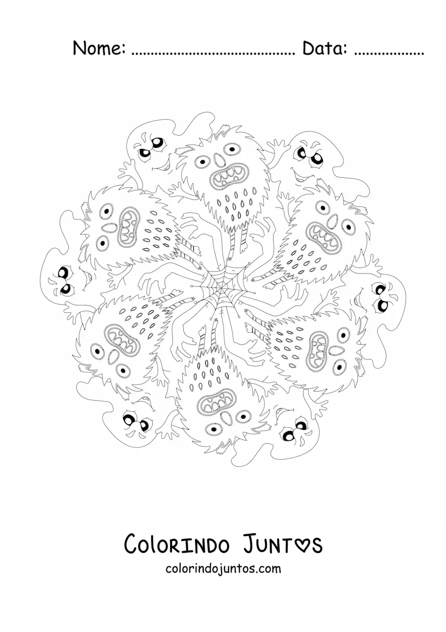 Desenho para colorir de mandala de Halloween com monstros e fantasmas