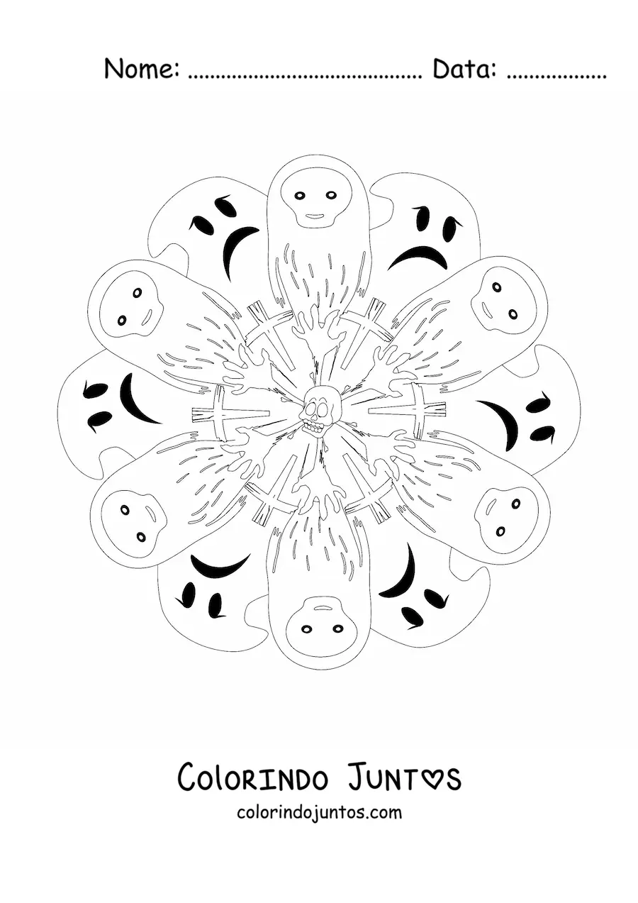 Desenho para colorir de mandala de Halloween com fantasmas