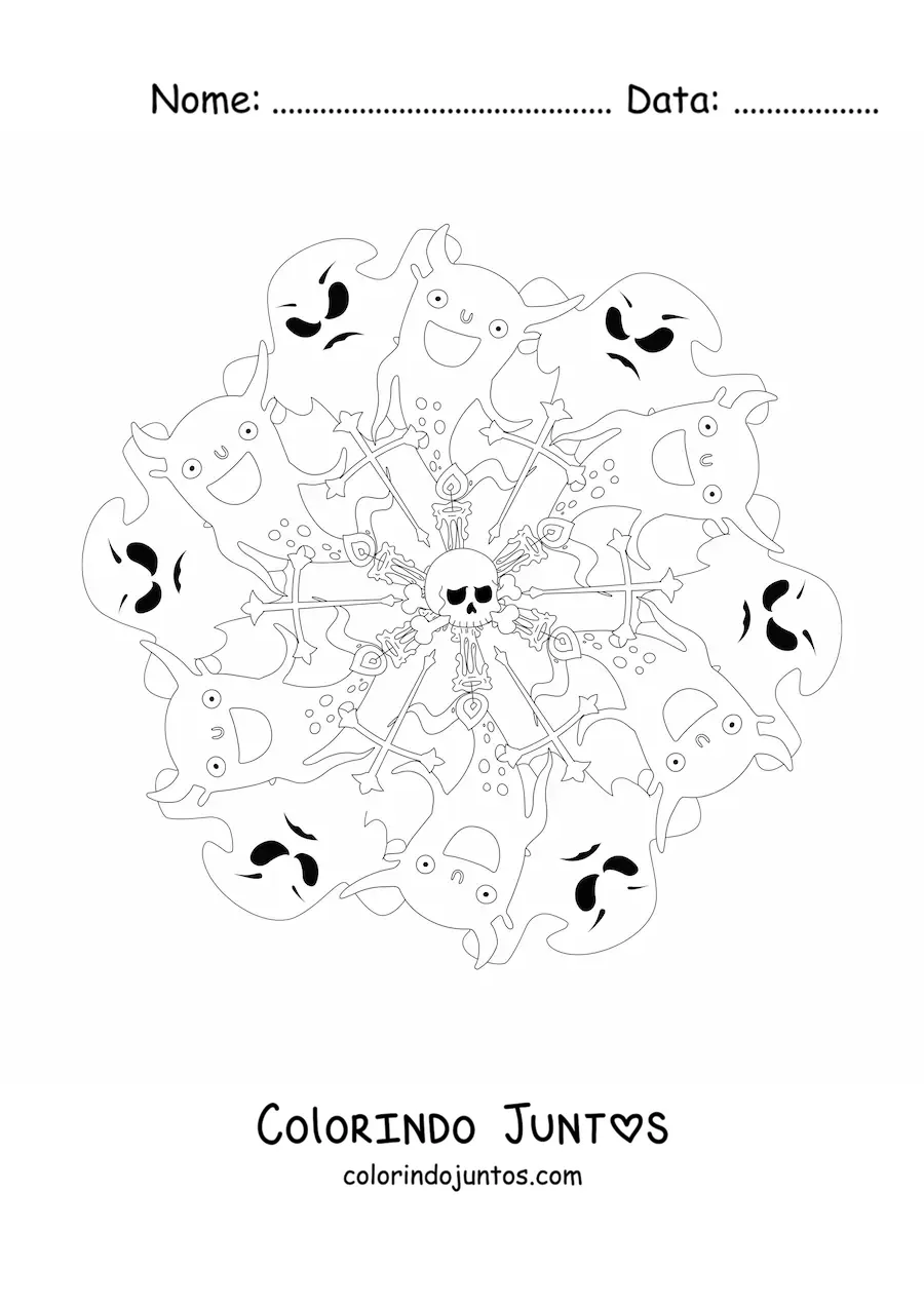 Desenho para colorir de mandala de Halloween com fantasmas