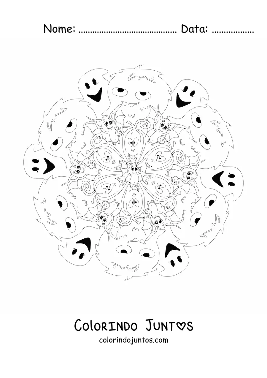 Desenho para colorir de mandala de Halloween com fantasmas