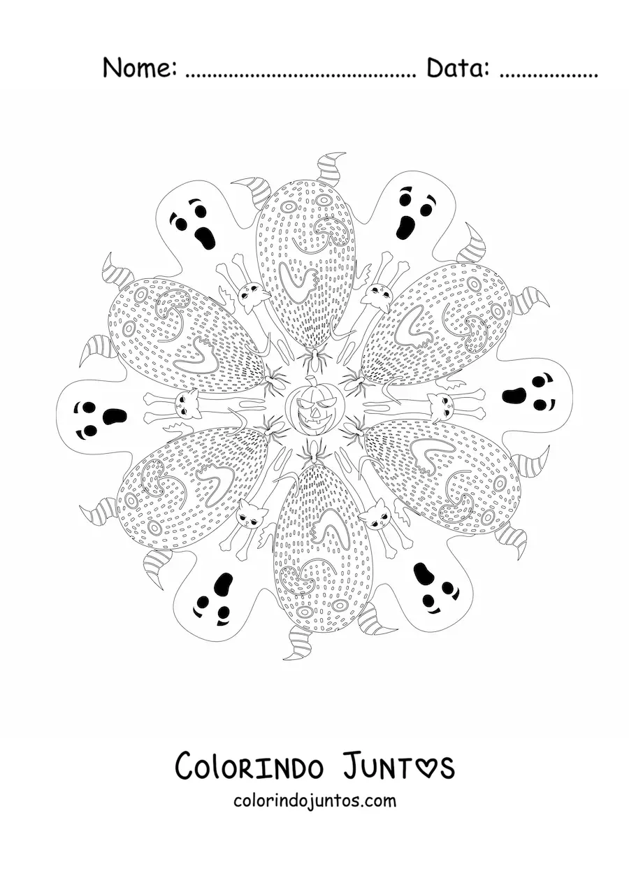 Desenho para colorir de mandala de Halloween com fantasmas