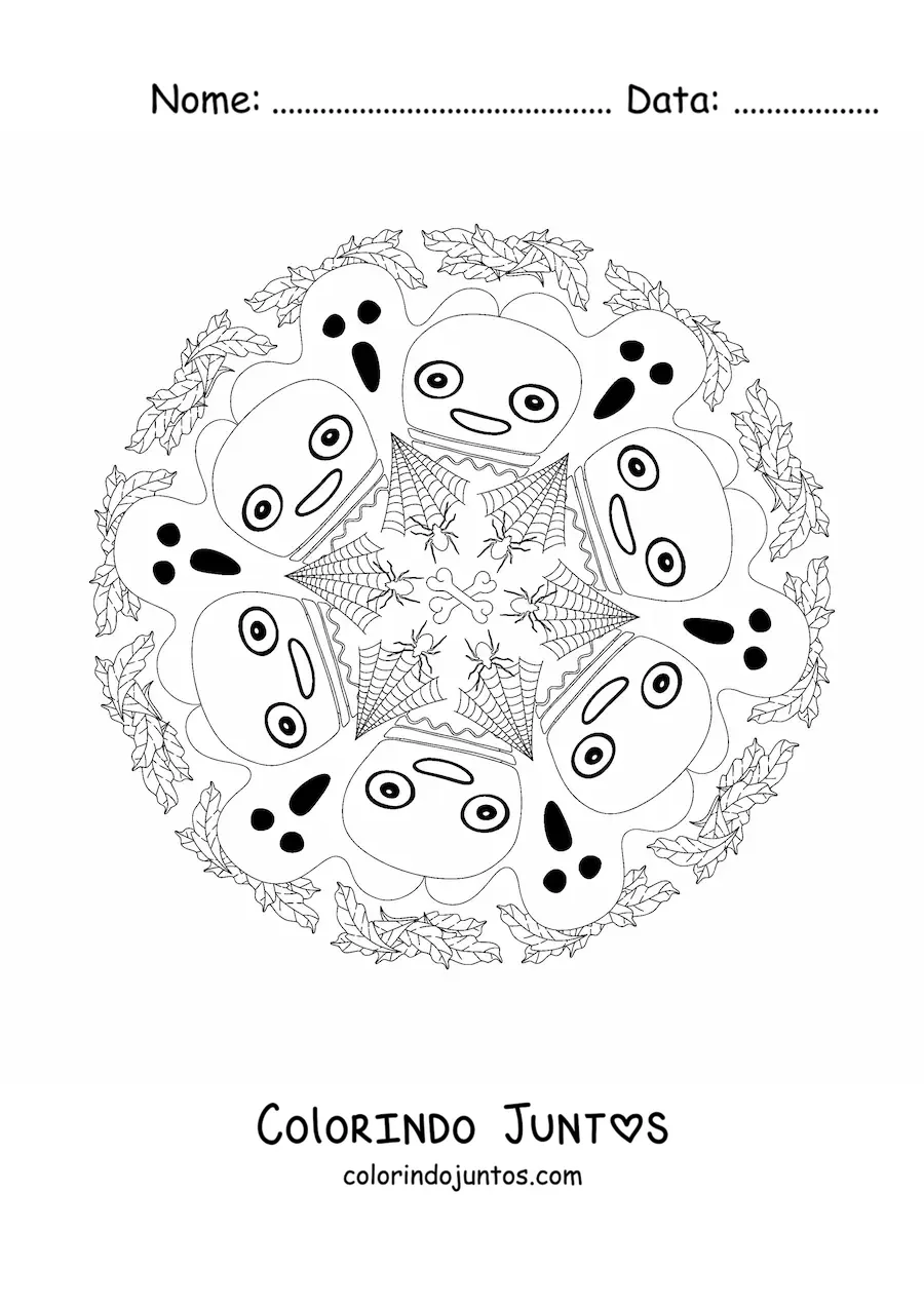 Desenho para colorir de mandala de Halloween com fantasmas