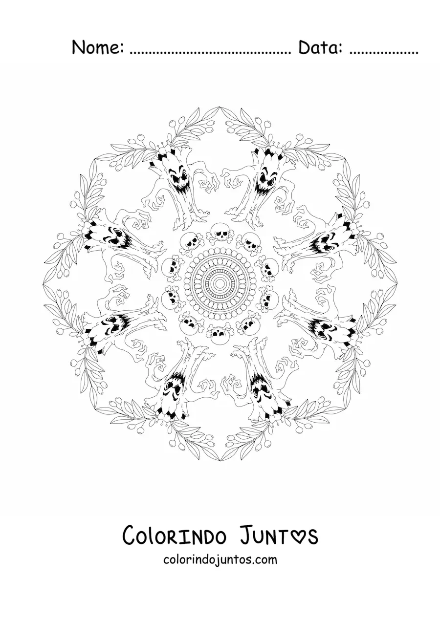 Desenho para colorir de mandala de Halloween com árvore mal-assombrada