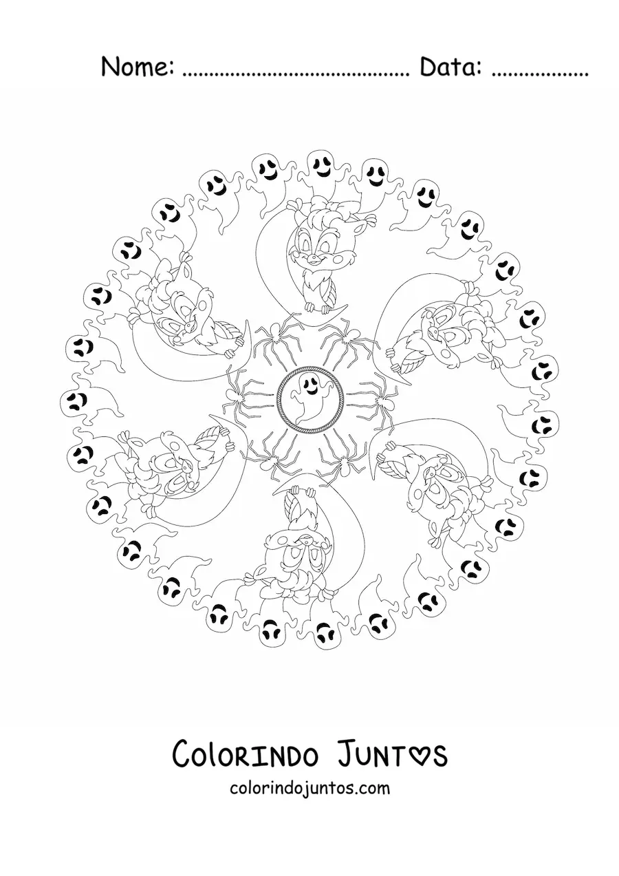 Desenho para colorir de mandala de Halloween com gato e corujas