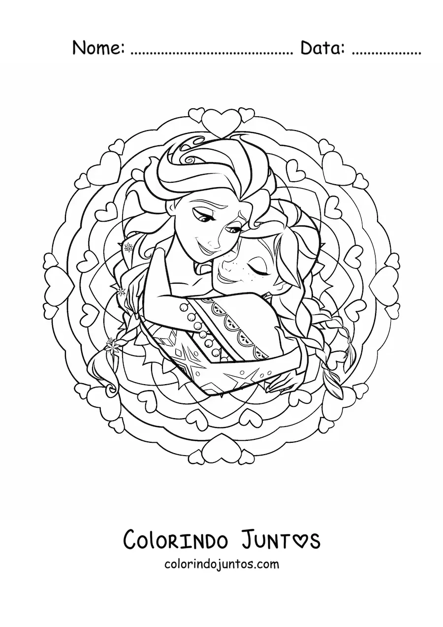 Desenho para colorir de mandala das princesas Anna e Elsa da Disney