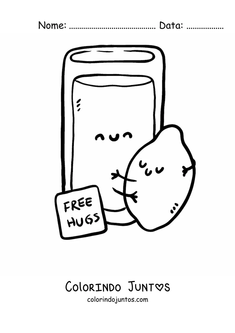 Desenho para colorir de um copo de limonada animado abraçando um limão kawaii