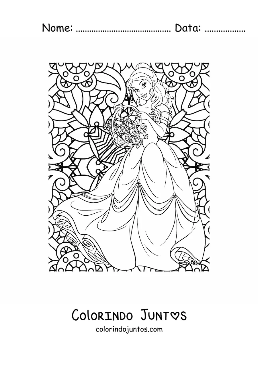 Desenho para colorir de mandala da princesa Bela da Disney