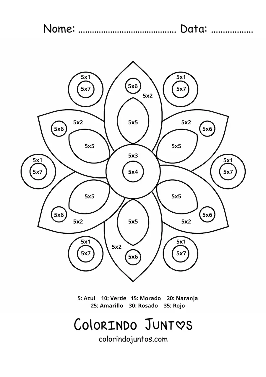 Desenho para colorir de mandala de multiplicação do número 5