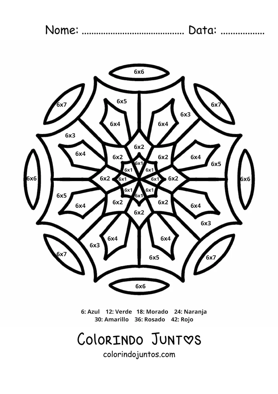 Desenho para colorir de mandala de multiplicação do número 6