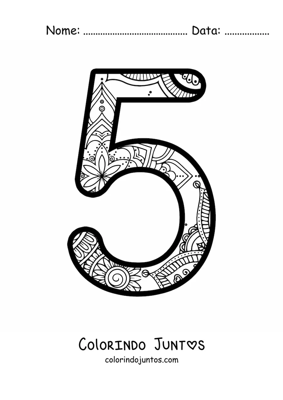 Desenho para colorir de mandala do número 5