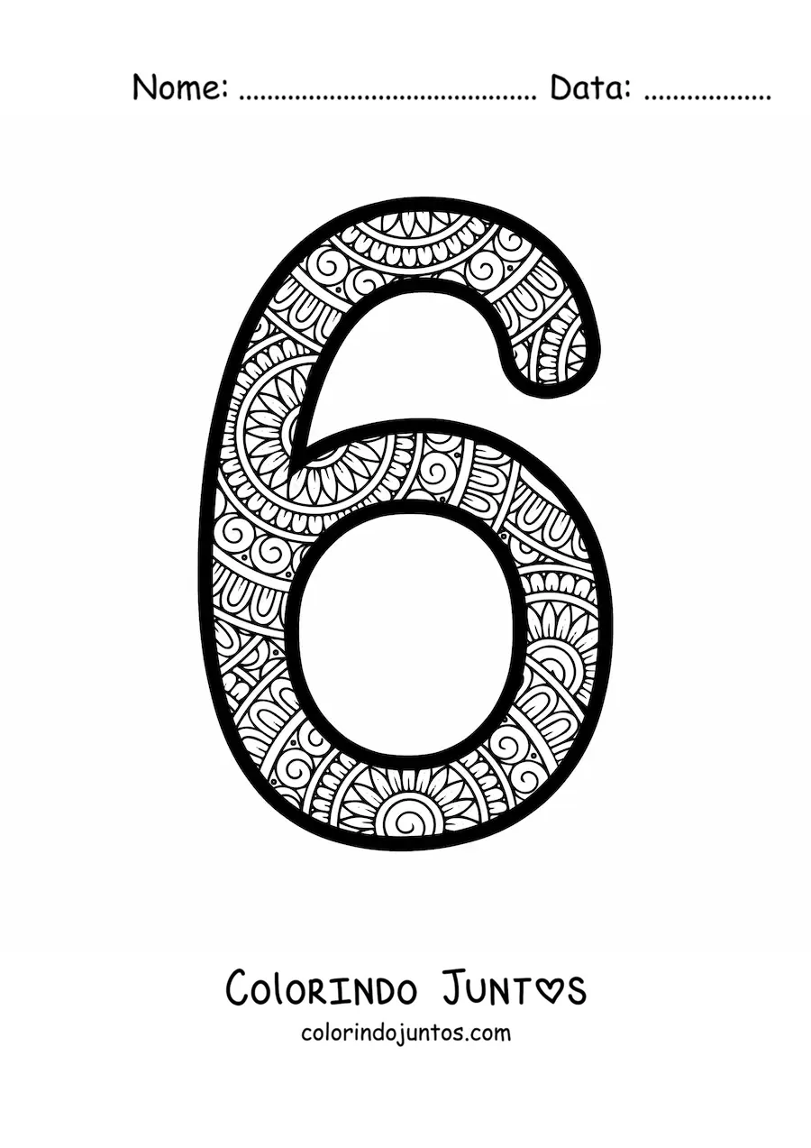 Desenho para colorir de mandala do número 6