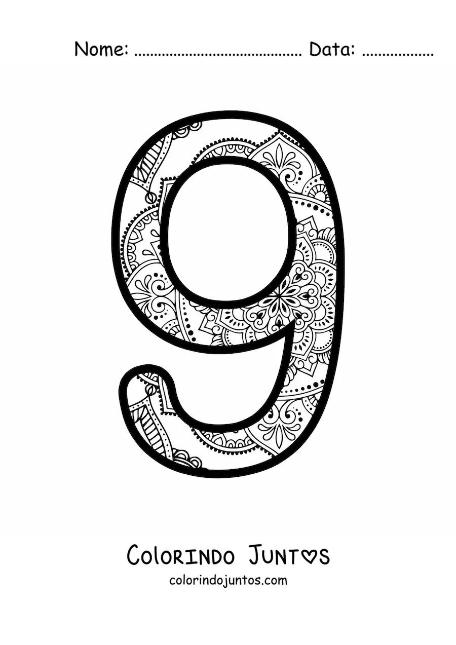 Desenho para colorir de mandala do número 9
