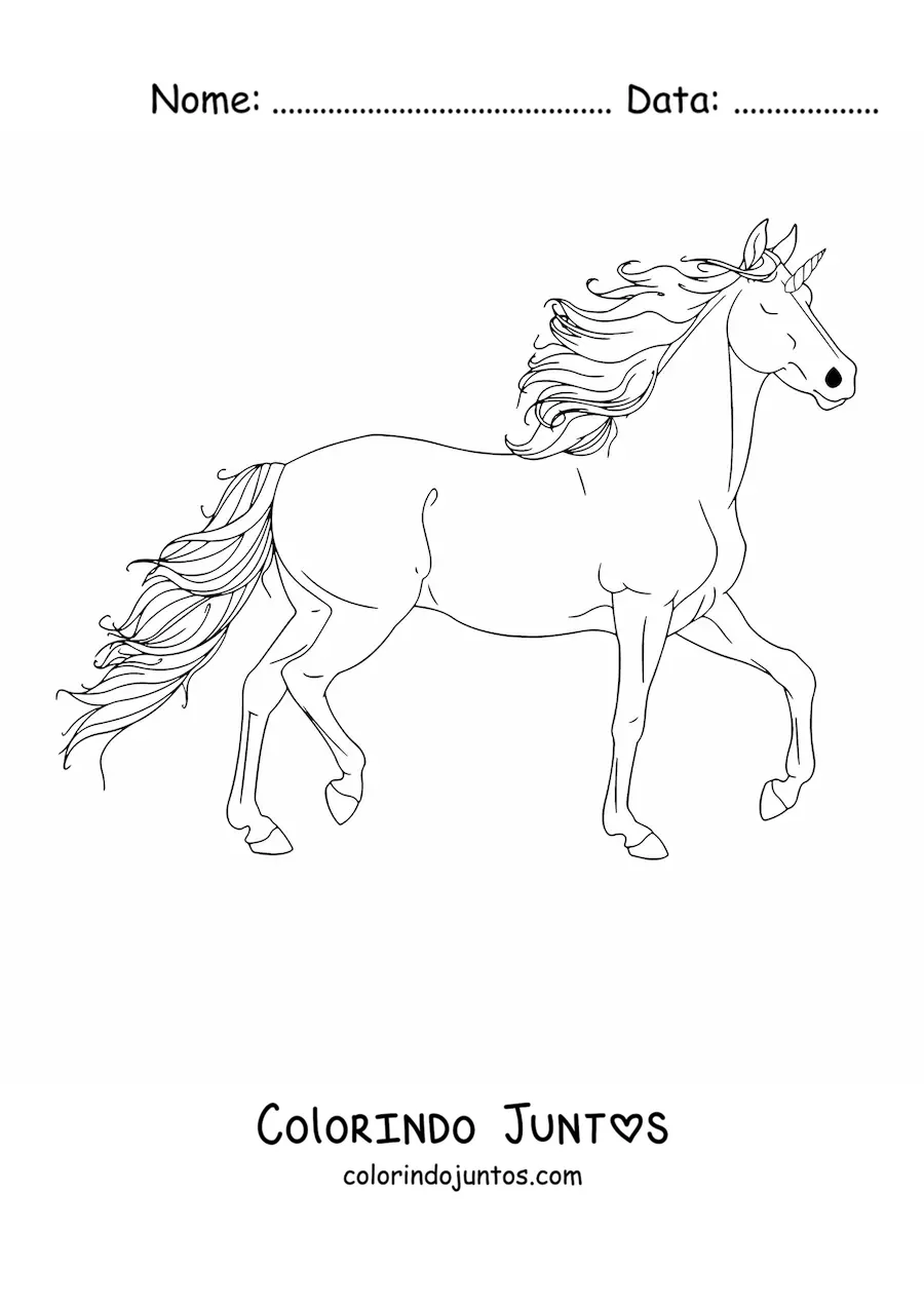 Desenho para colorir de um unicórnio galopando