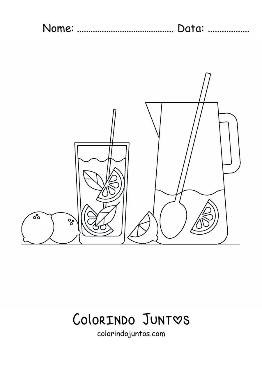 Desenho para colorir de uma jarra e um copo com limonada e limões