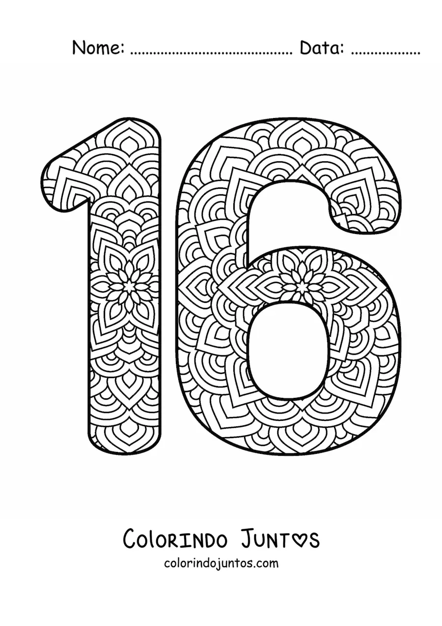 Desenho para colorir de mandala do número 16
